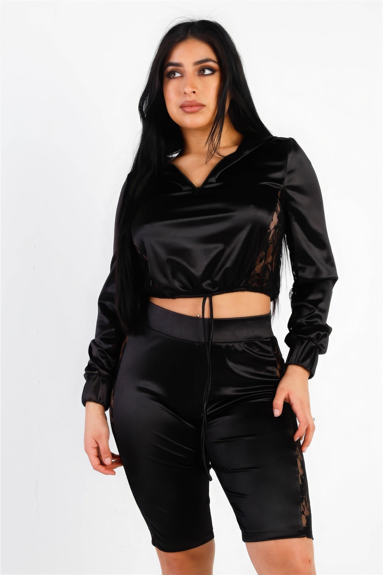 Satin Lace Details Long Sleeve Hooded Crop Top &amp; Biker Short Set