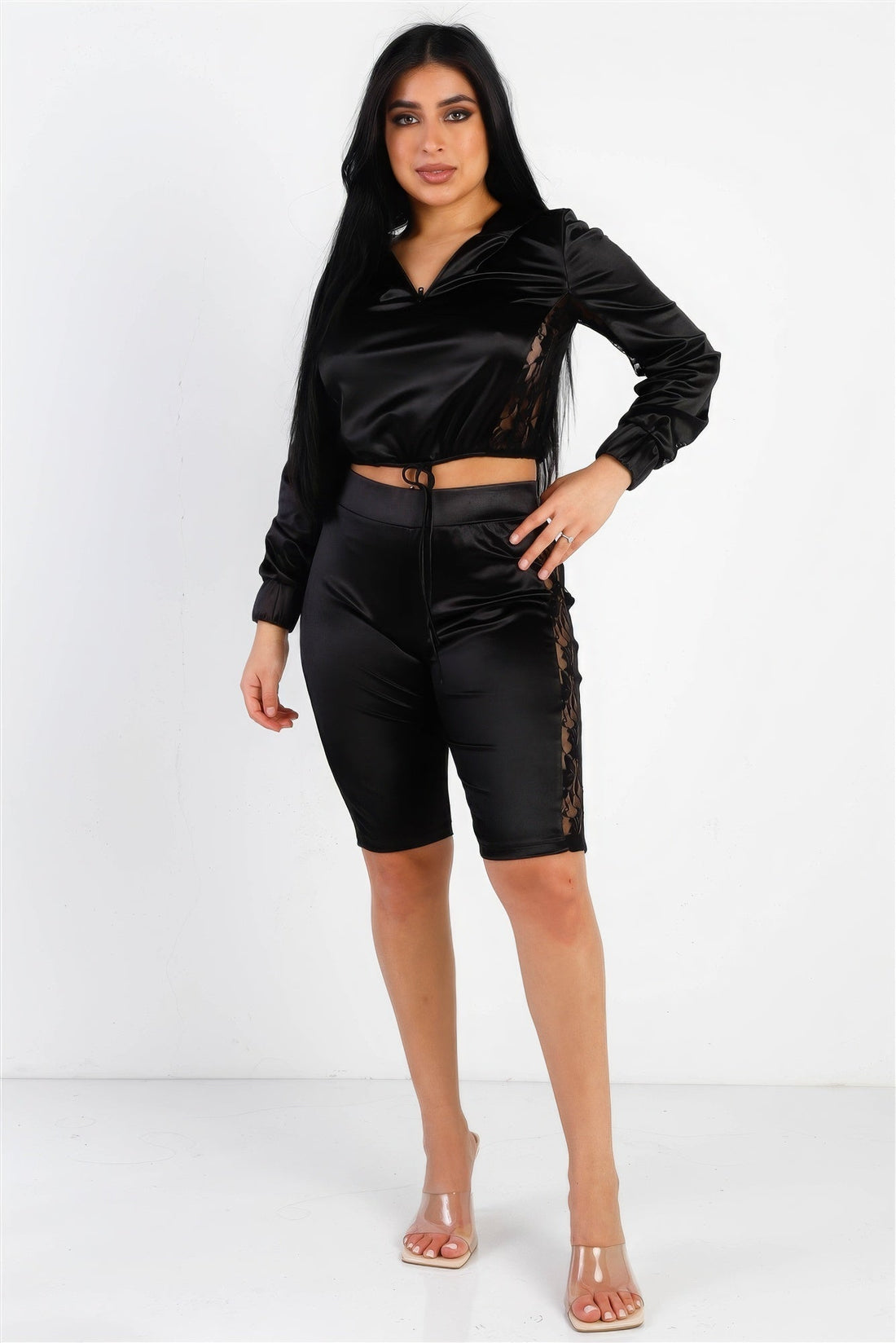 Satin Lace Details Long Sleeve Hooded Crop Top &amp; Biker Short Set