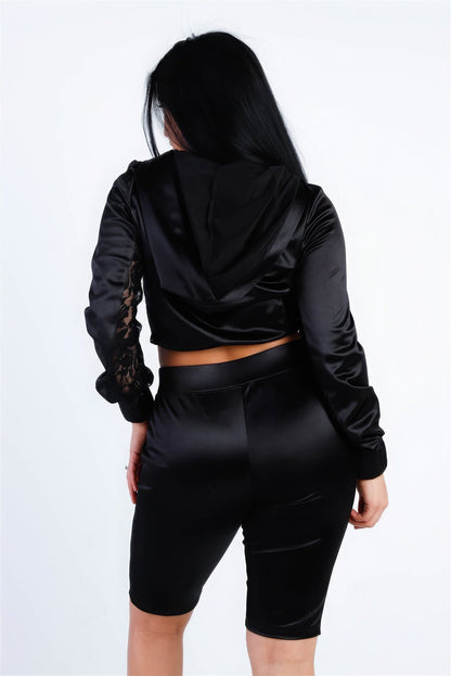 Satin Lace Details Long Sleeve Hooded Crop Top &amp; Biker Short Set