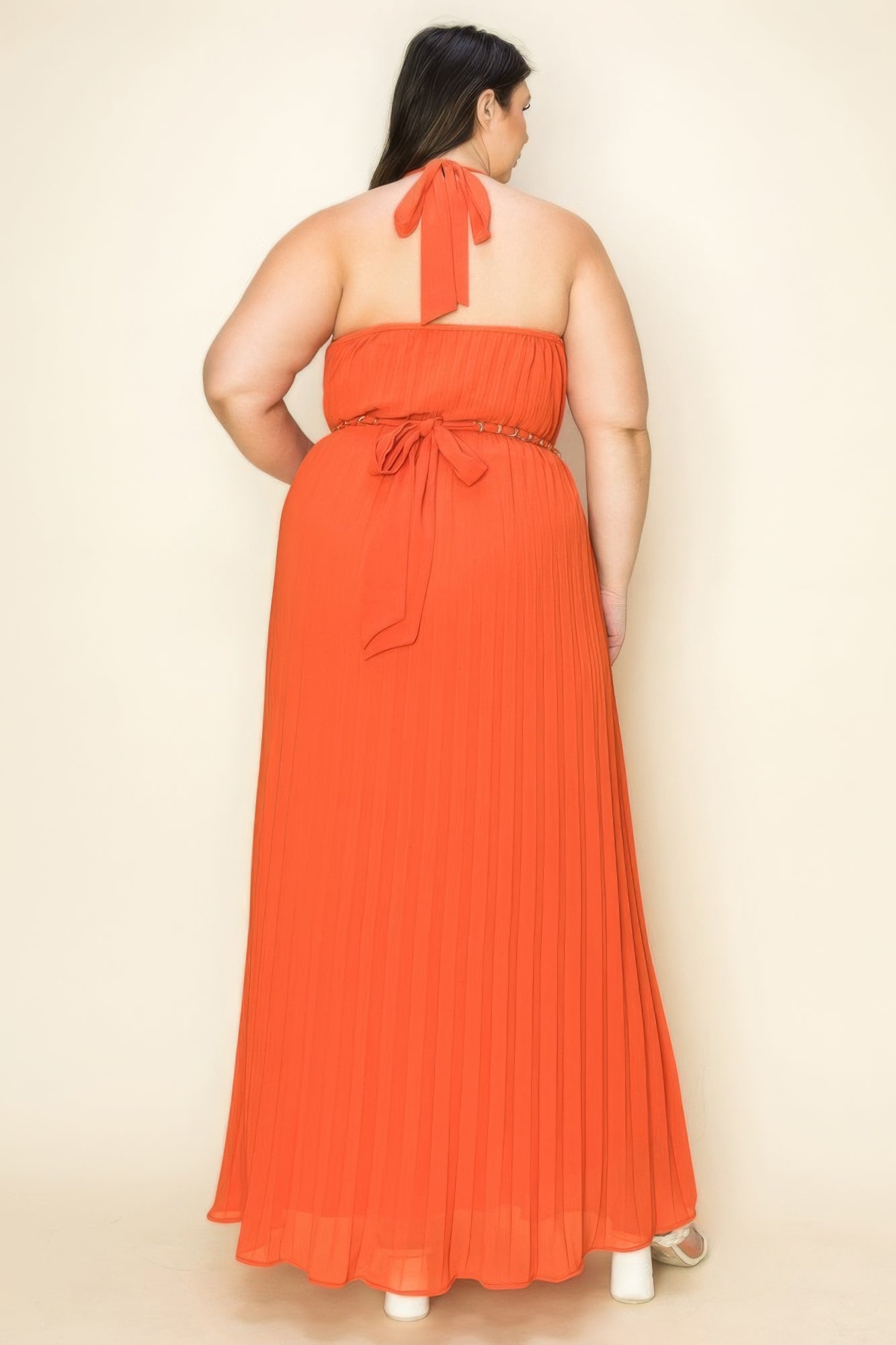 Chiffon Pleated Gold Trim Neck &amp; Belt Cut Out Chest Maxi Dress