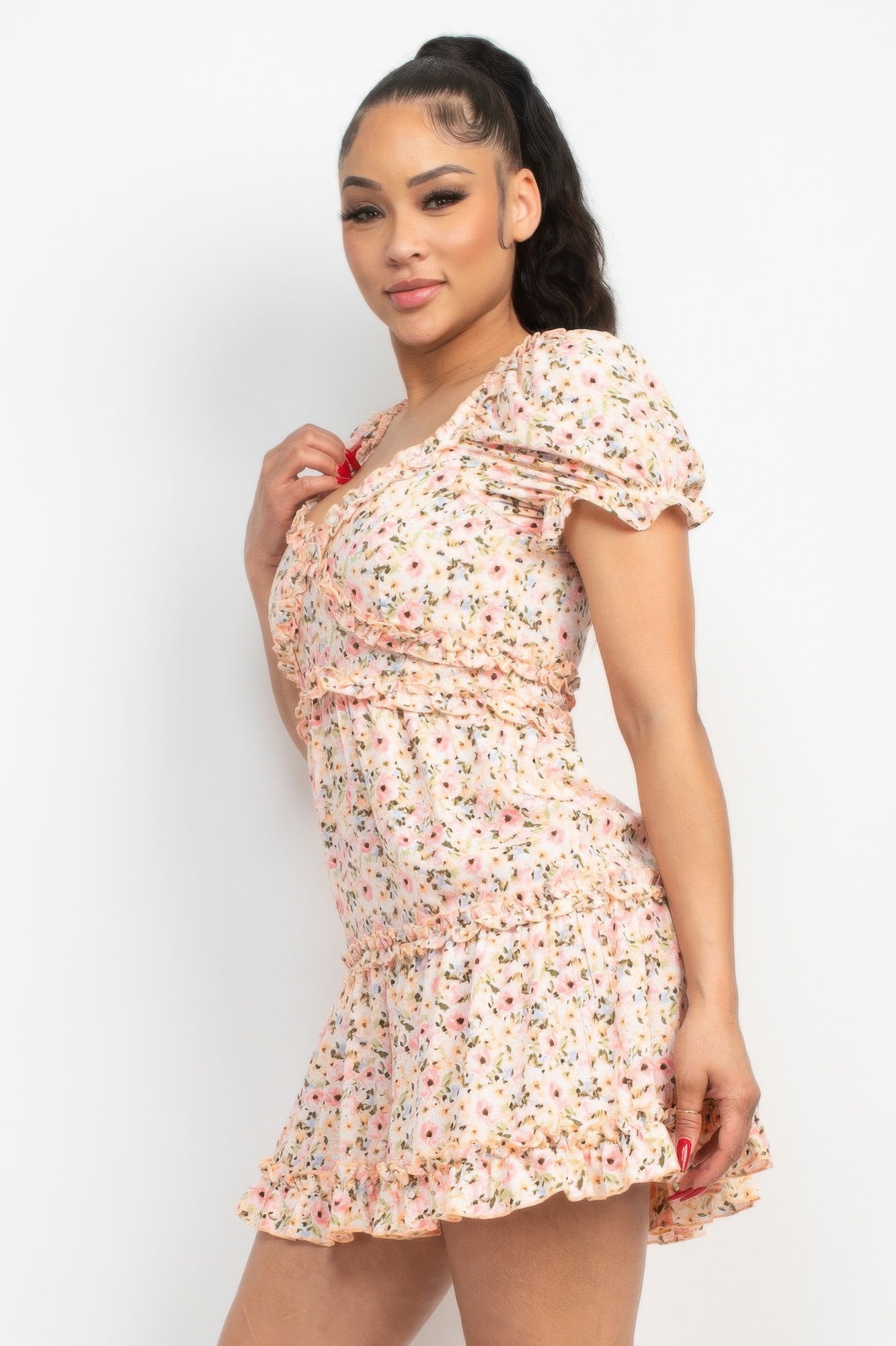 Ruffled Floral Puff Sleeve Dress