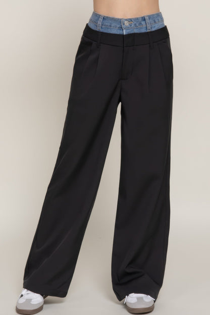 Contrast Denim Waist Straight Long Pants