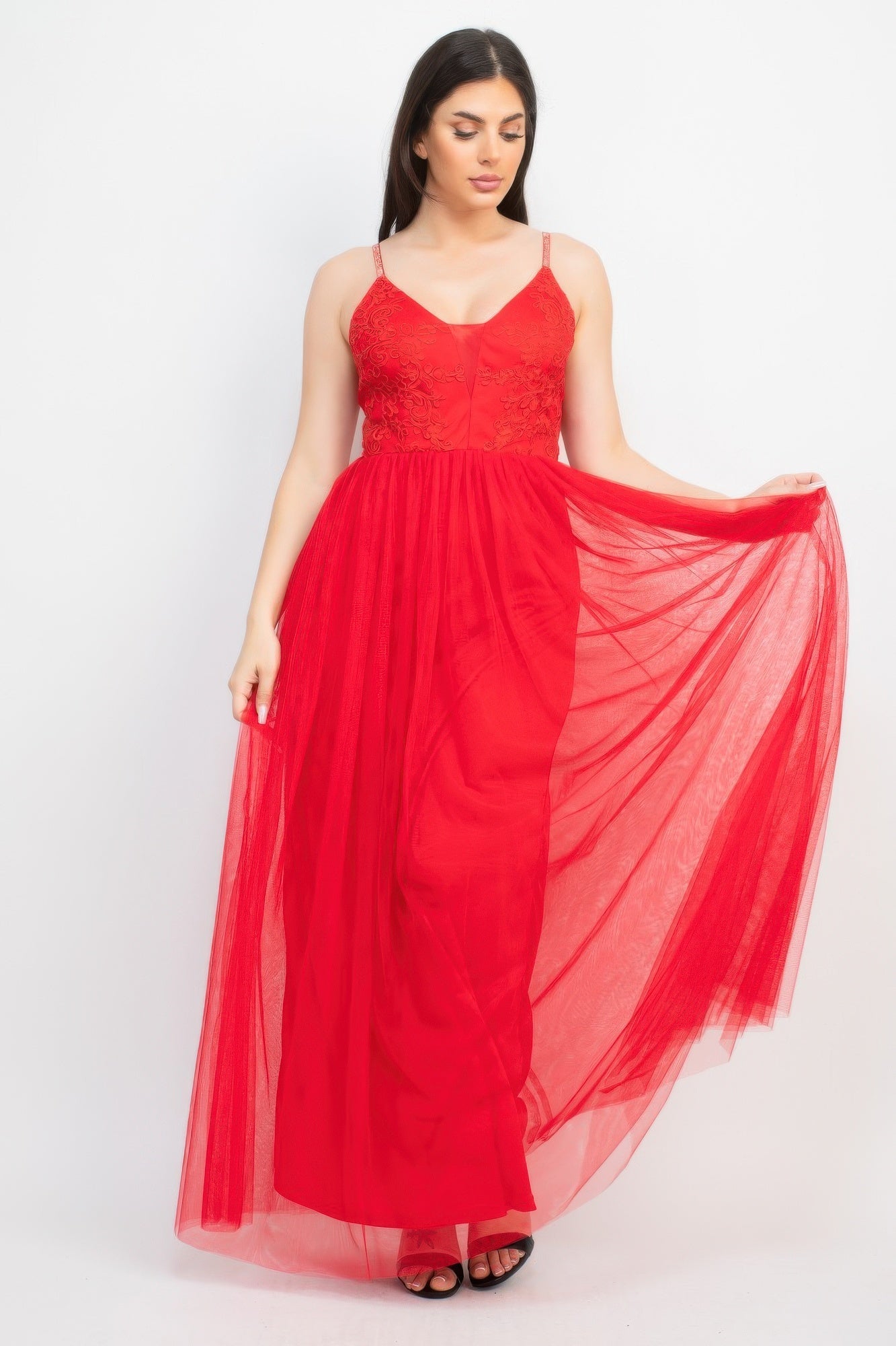 Glittered Straps Mesh Tulle Maxi Dress