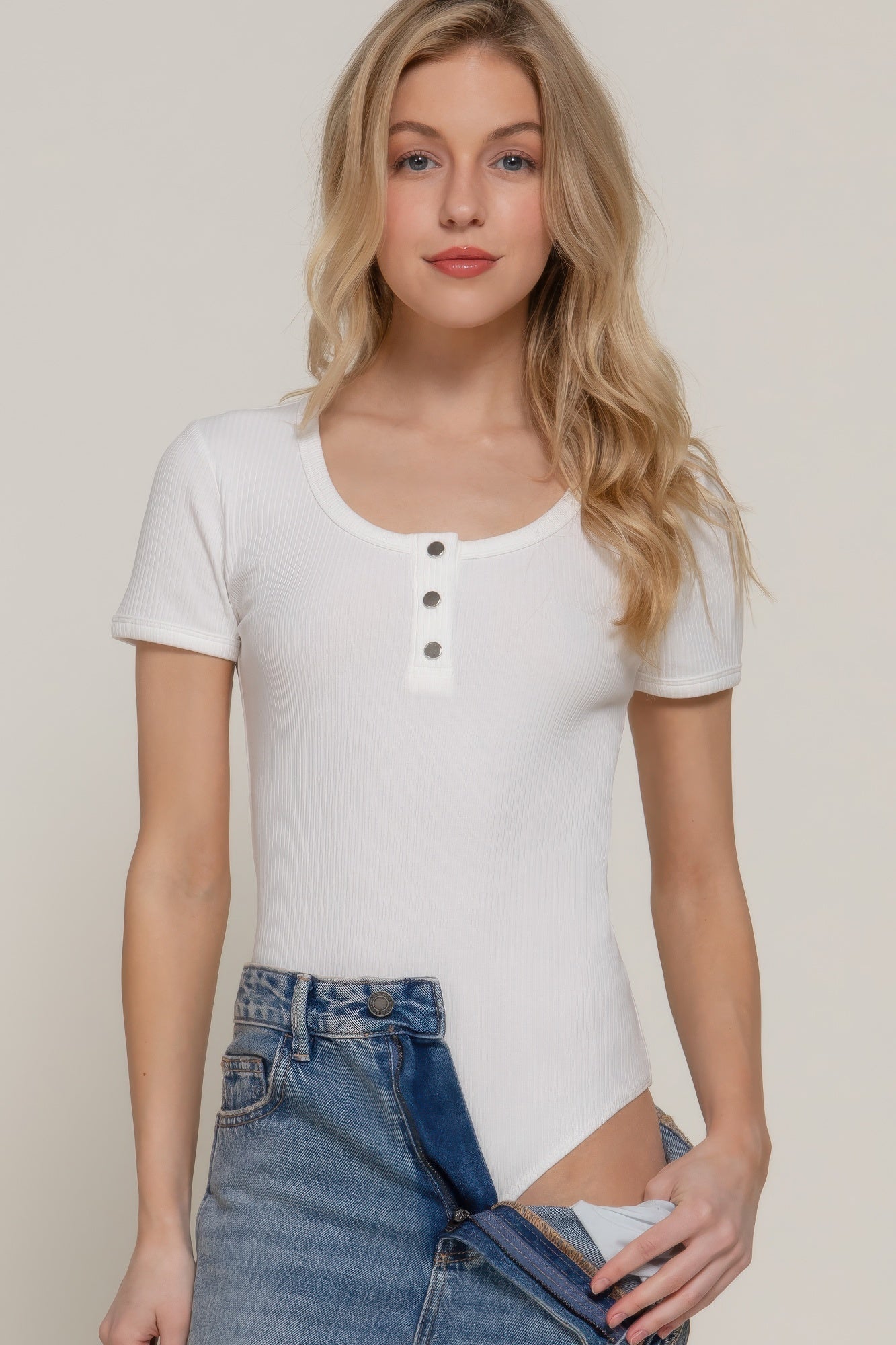 Short Slv Snap Button Rib Bodysuit