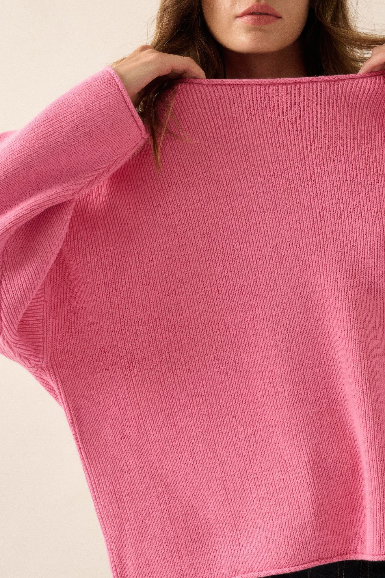 Solid Rib-knit Oversized Boatneck Sweater