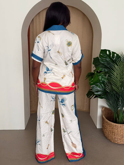 Crane &amp; Nautical Print Shirt Pant Set Ivory Multi