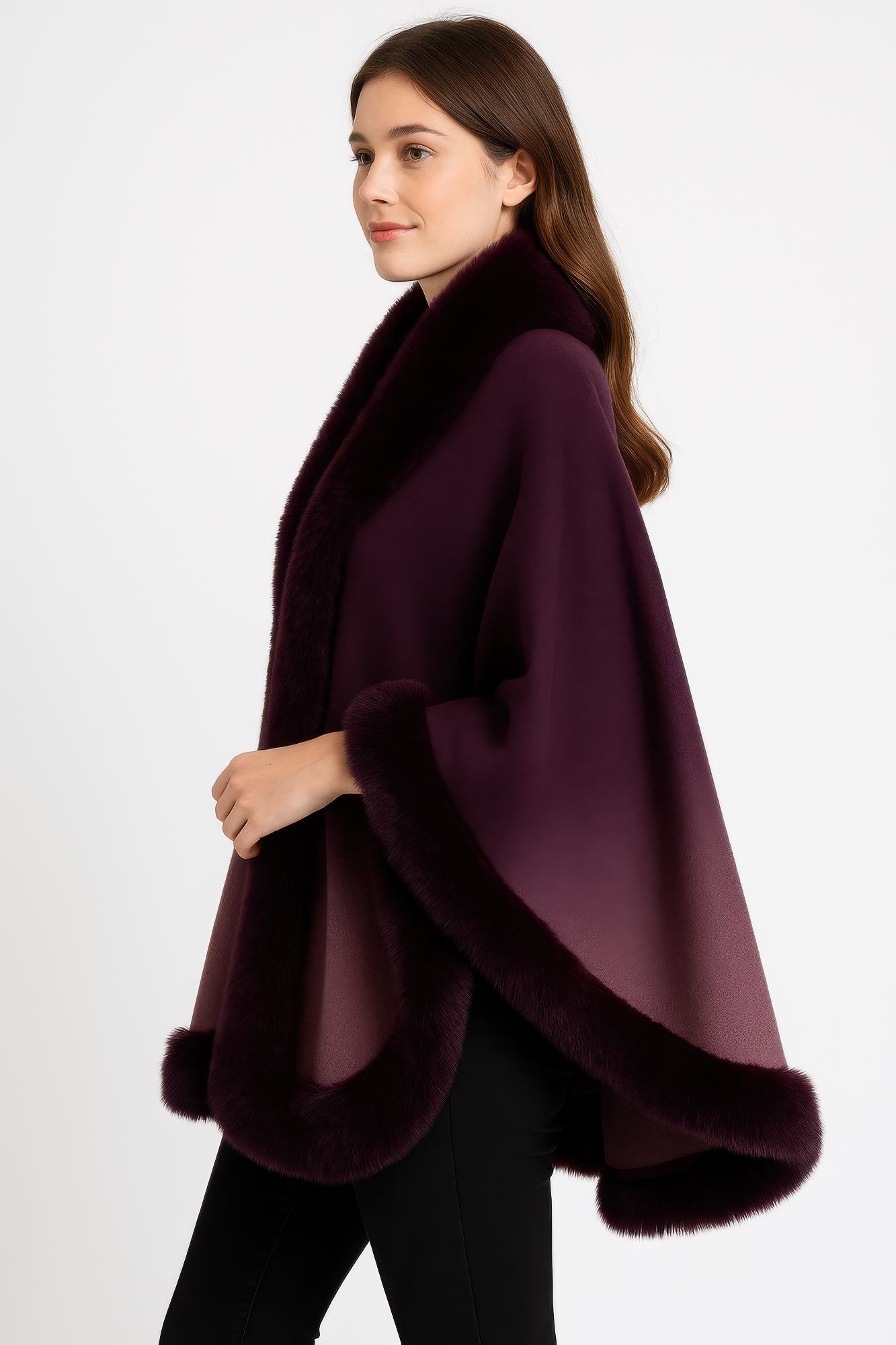 Ombre Faux Fur Trim Cape Wrap