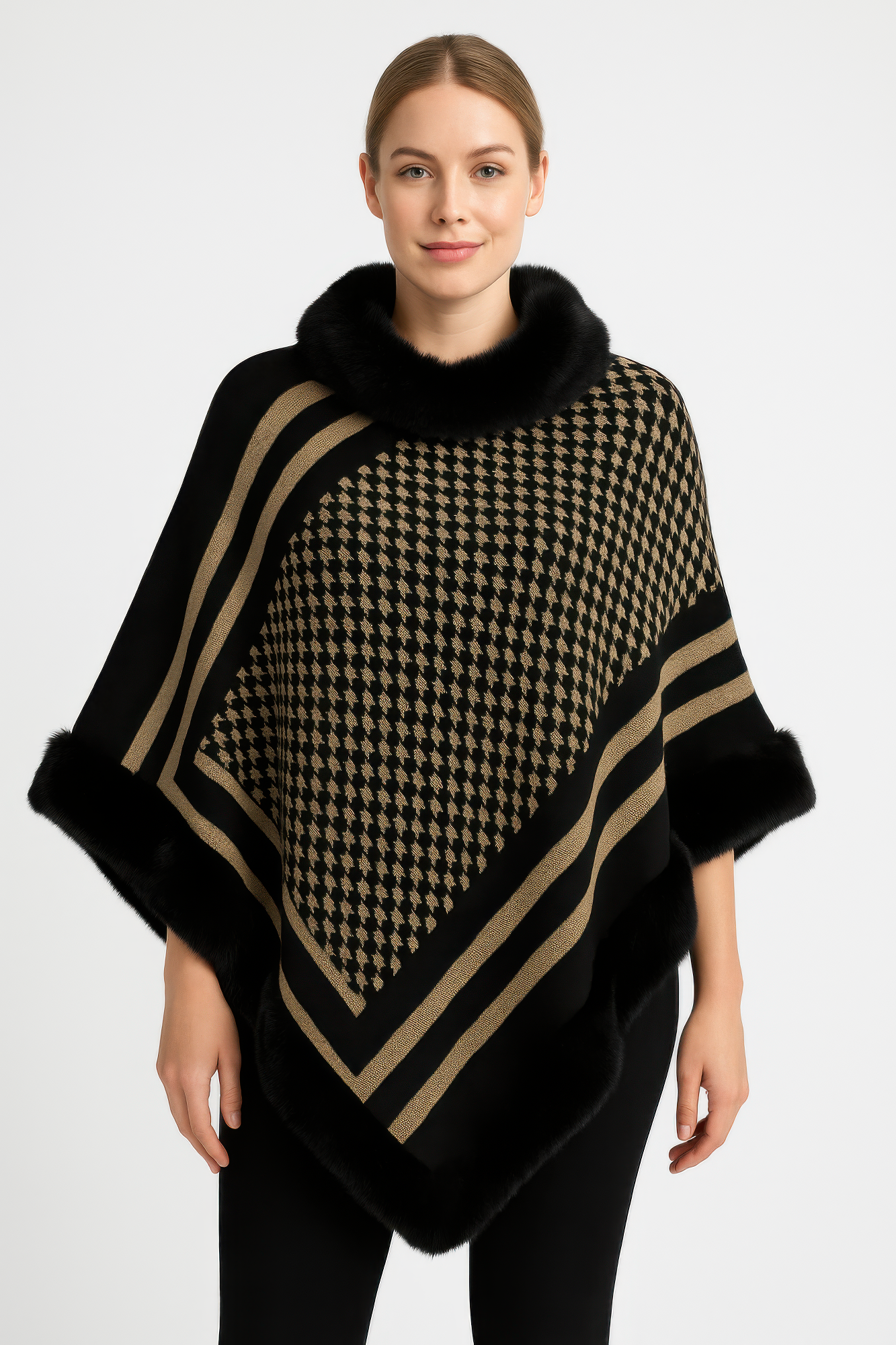 Patterned Knit Poncho With Faux Fur Trim