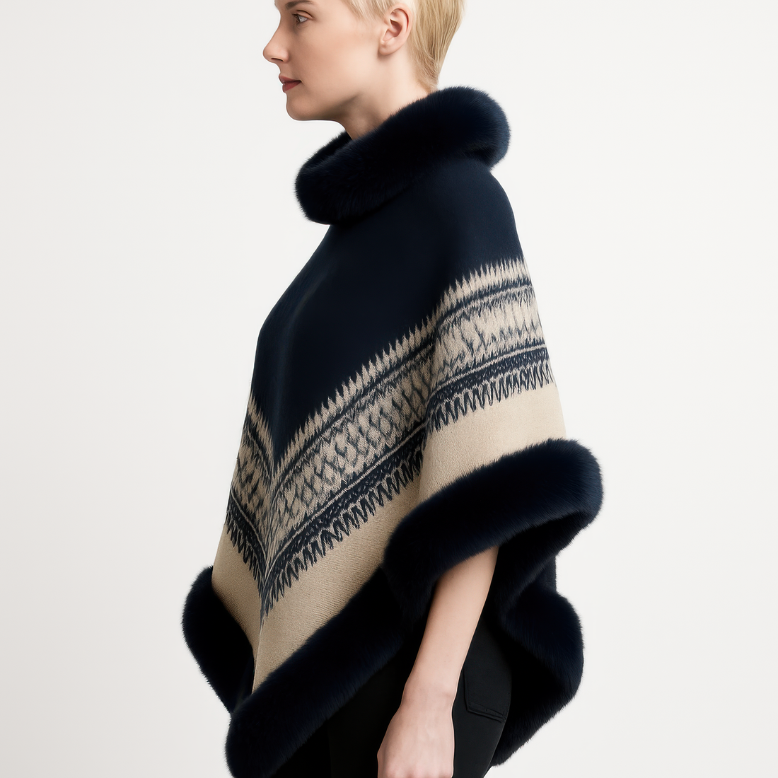 Chevron Trim Poncho With Faux Fur Collar