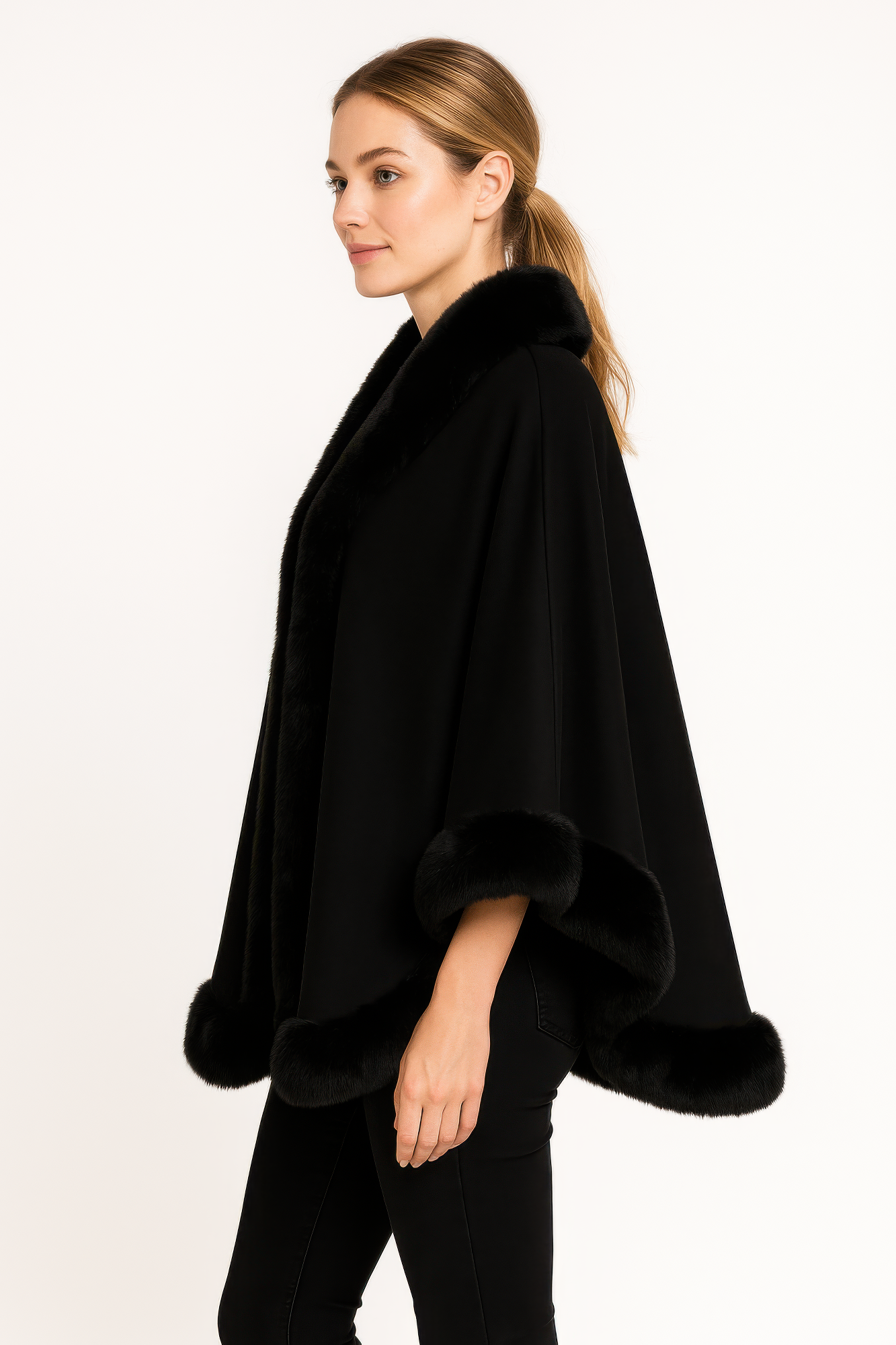 Faux Fur Trim Open-front Cape Jacket