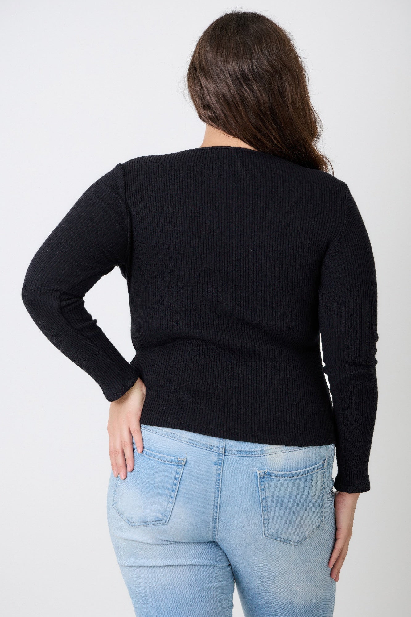 Plus Size Black Ribbed Cutout Long Sleeve Top