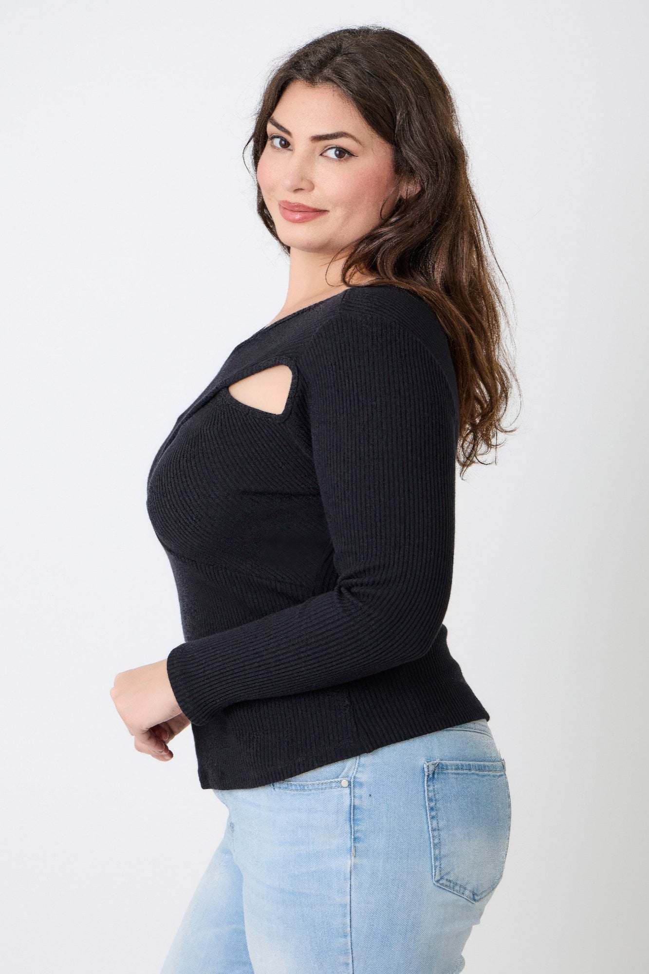 Plus Size Black Ribbed Cutout Long Sleeve Top