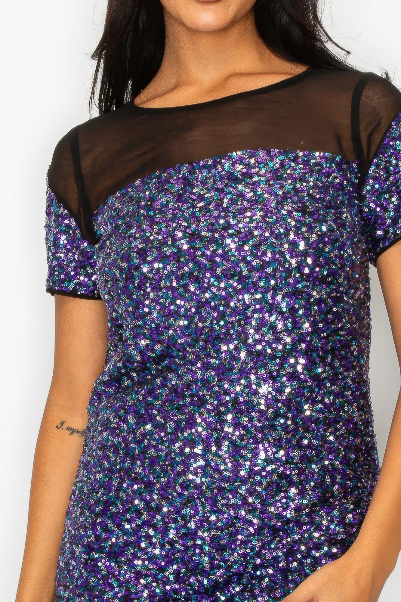 Sparkle Sequins &amp; Mesh Cap Sleeve Mini Dress