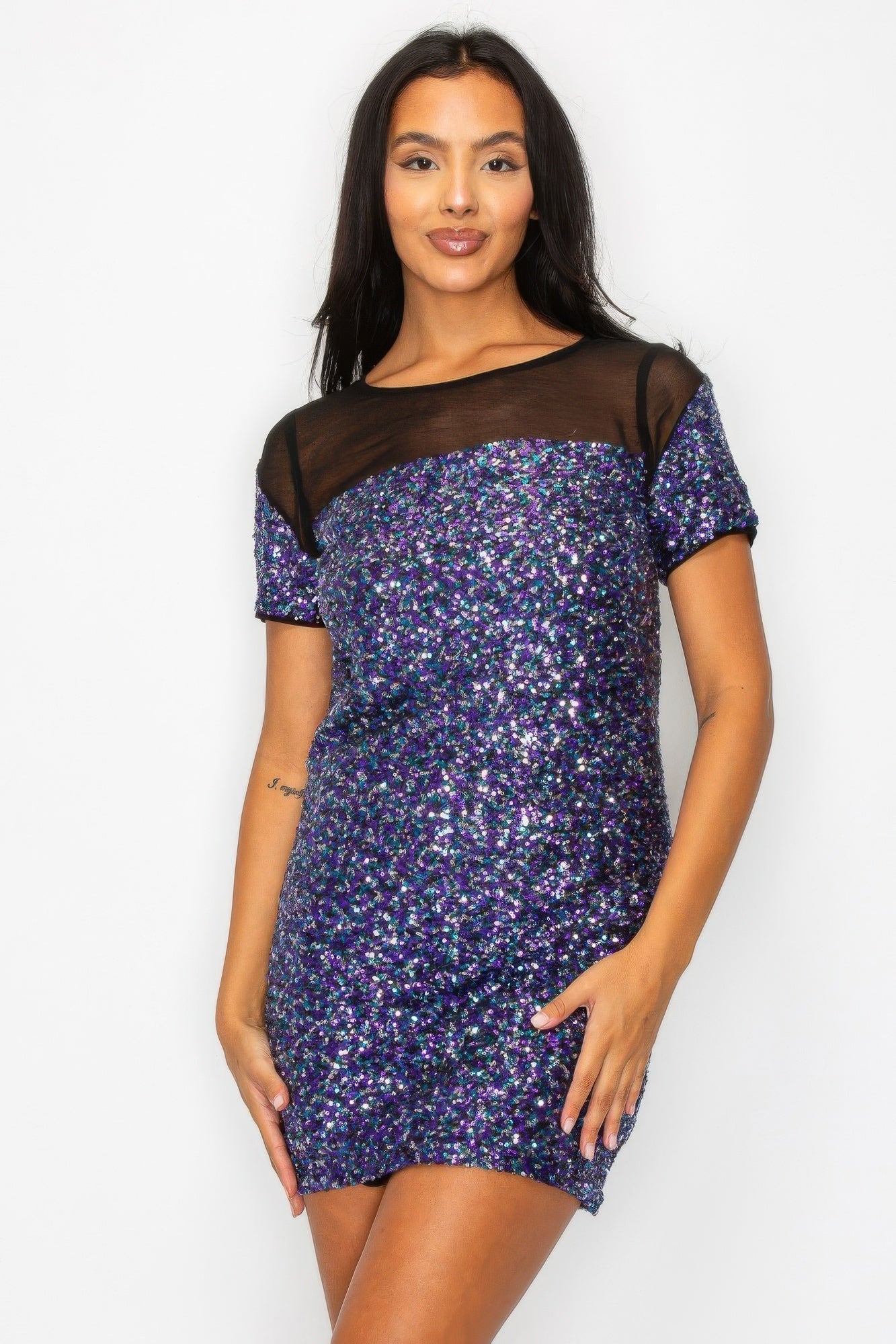 Sparkle Sequins &amp; Mesh Cap Sleeve Mini Dress