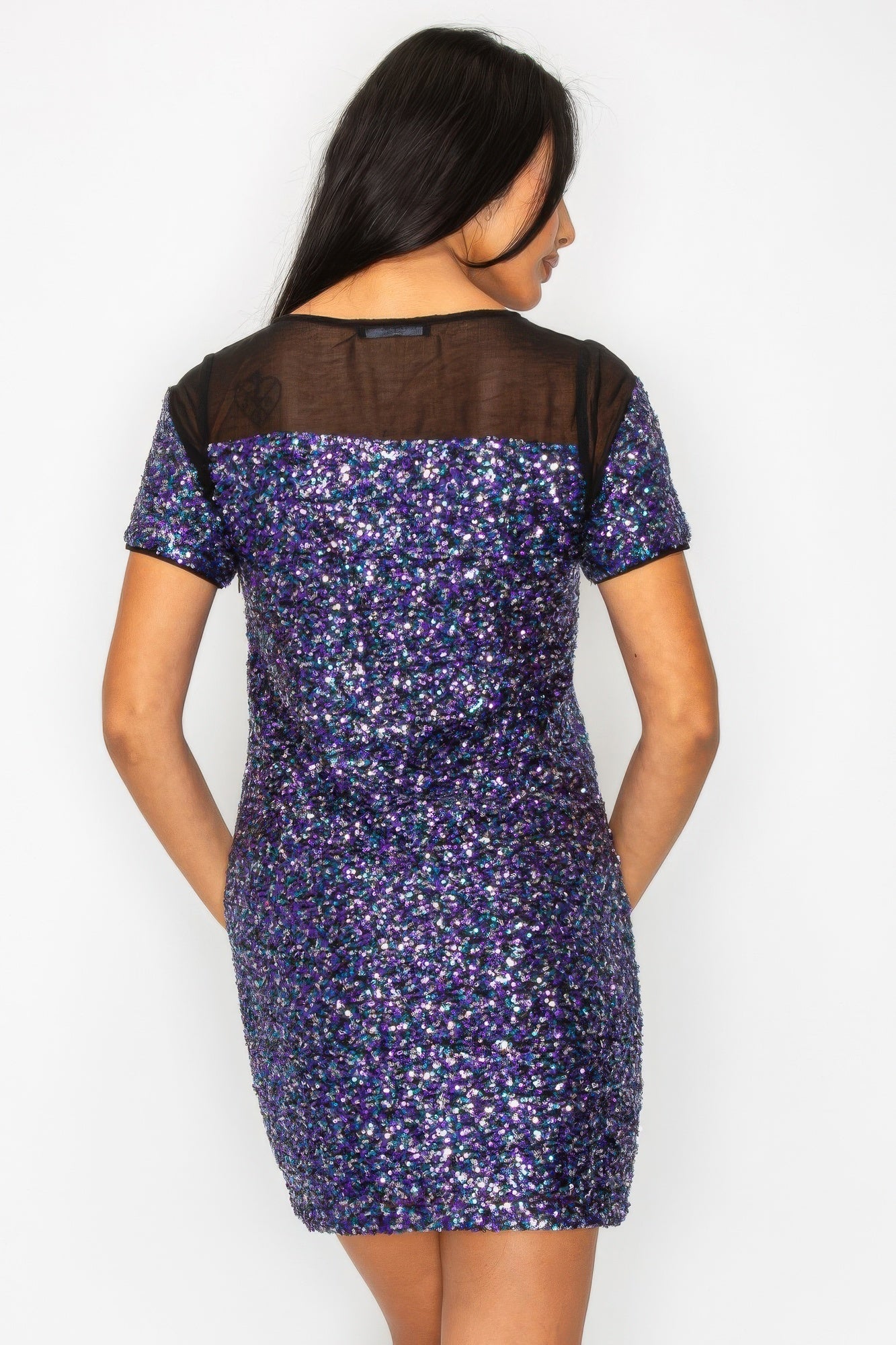 Sparkle Sequins &amp; Mesh Cap Sleeve Mini Dress