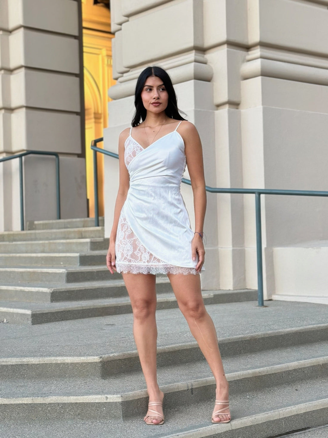 Sexy Party Satin Wrap Like &amp; Lace Nude Mini Dress
