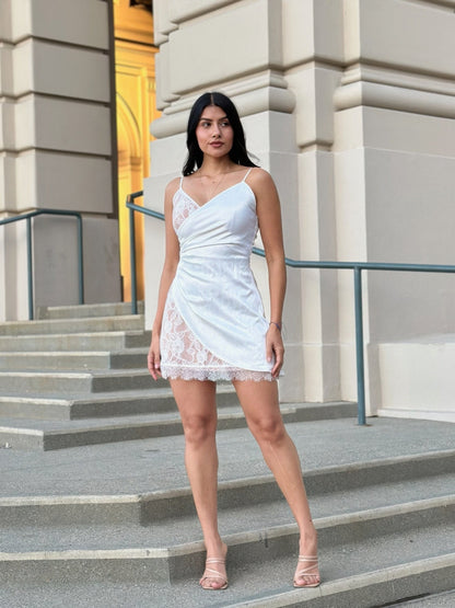 Sexy Party Satin Wrap Like &amp; Lace Nude Mini Dress