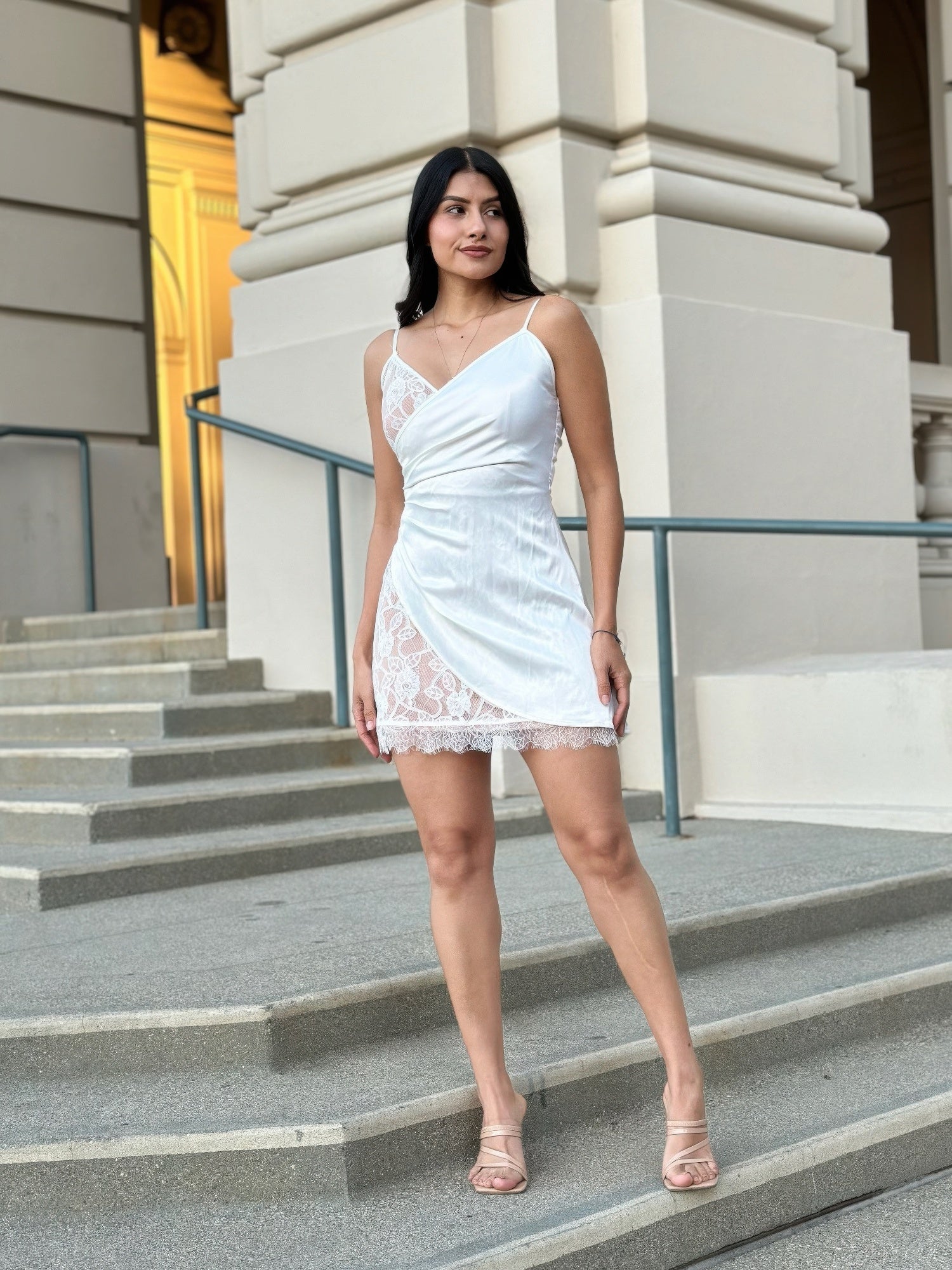 Sexy Party Satin Wrap Like &amp; Lace Nude Mini Dress