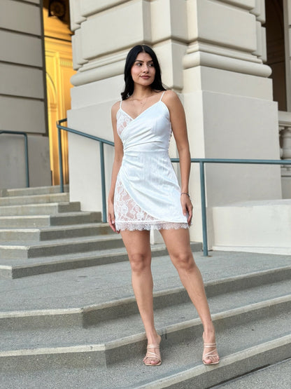 Sexy Party Satin Wrap Like &amp; Lace Nude Mini Dress