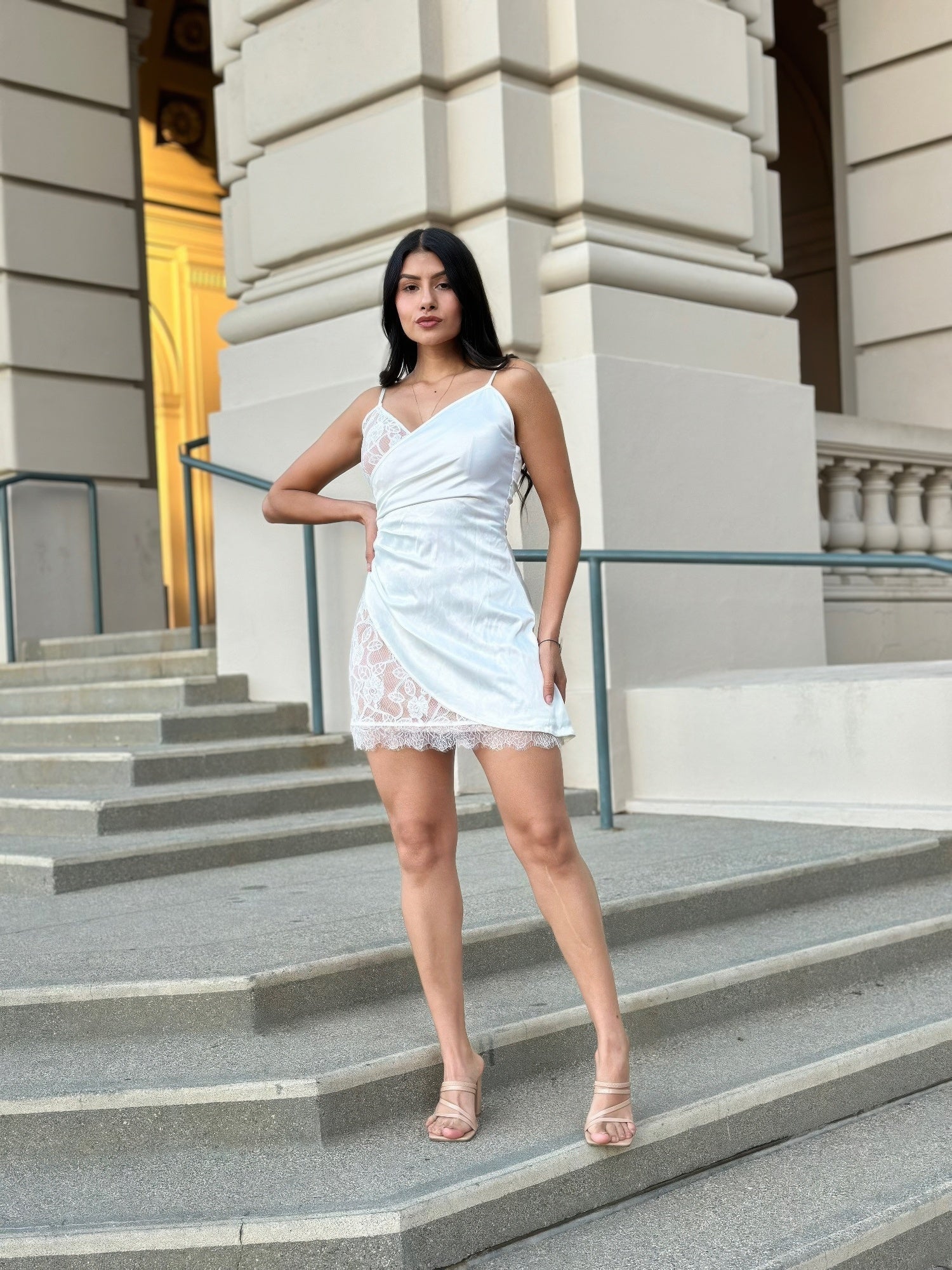 Sexy Party Satin Wrap Like &amp; Lace Nude Mini Dress