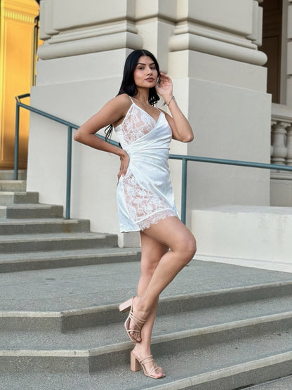 Sexy Party Satin Wrap Like &amp; Lace Nude Mini Dress
