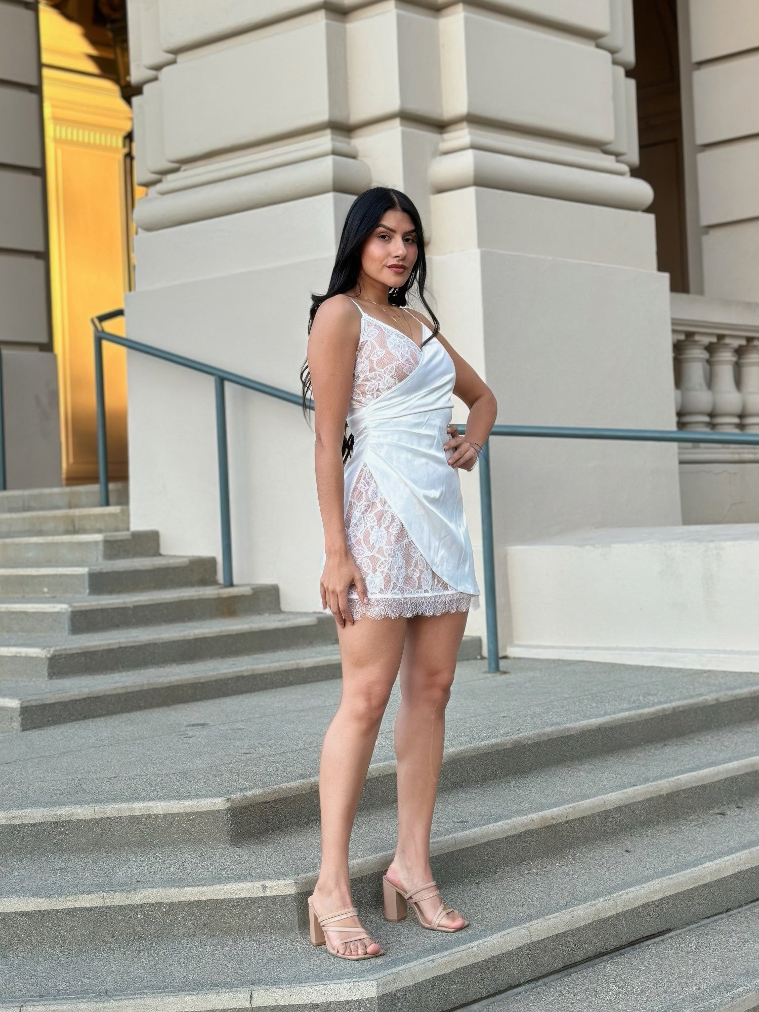 Sexy Party Satin Wrap Like &amp; Lace Nude Mini Dress