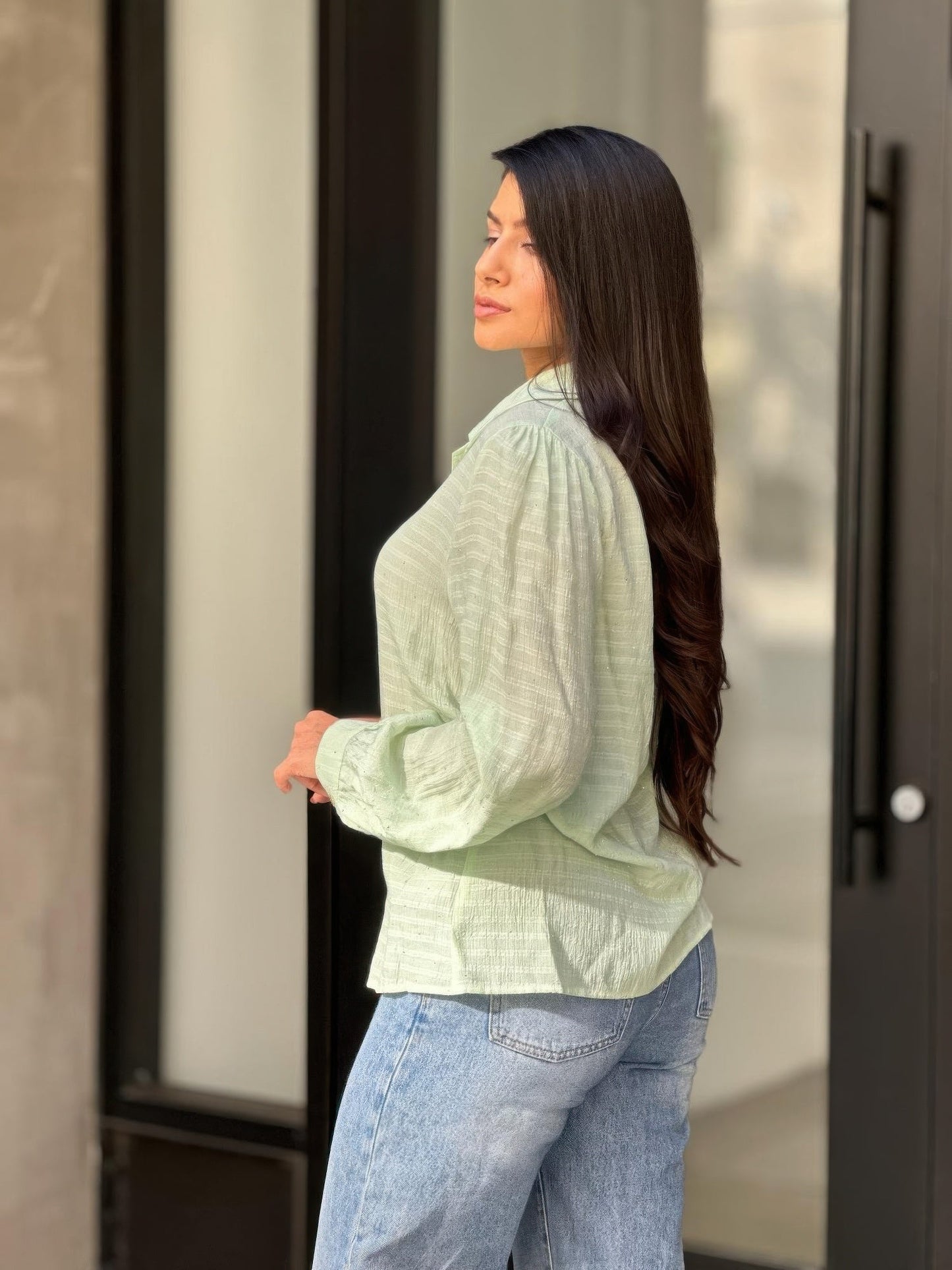 Collar Button Down Rhine Stone Detail Blouse