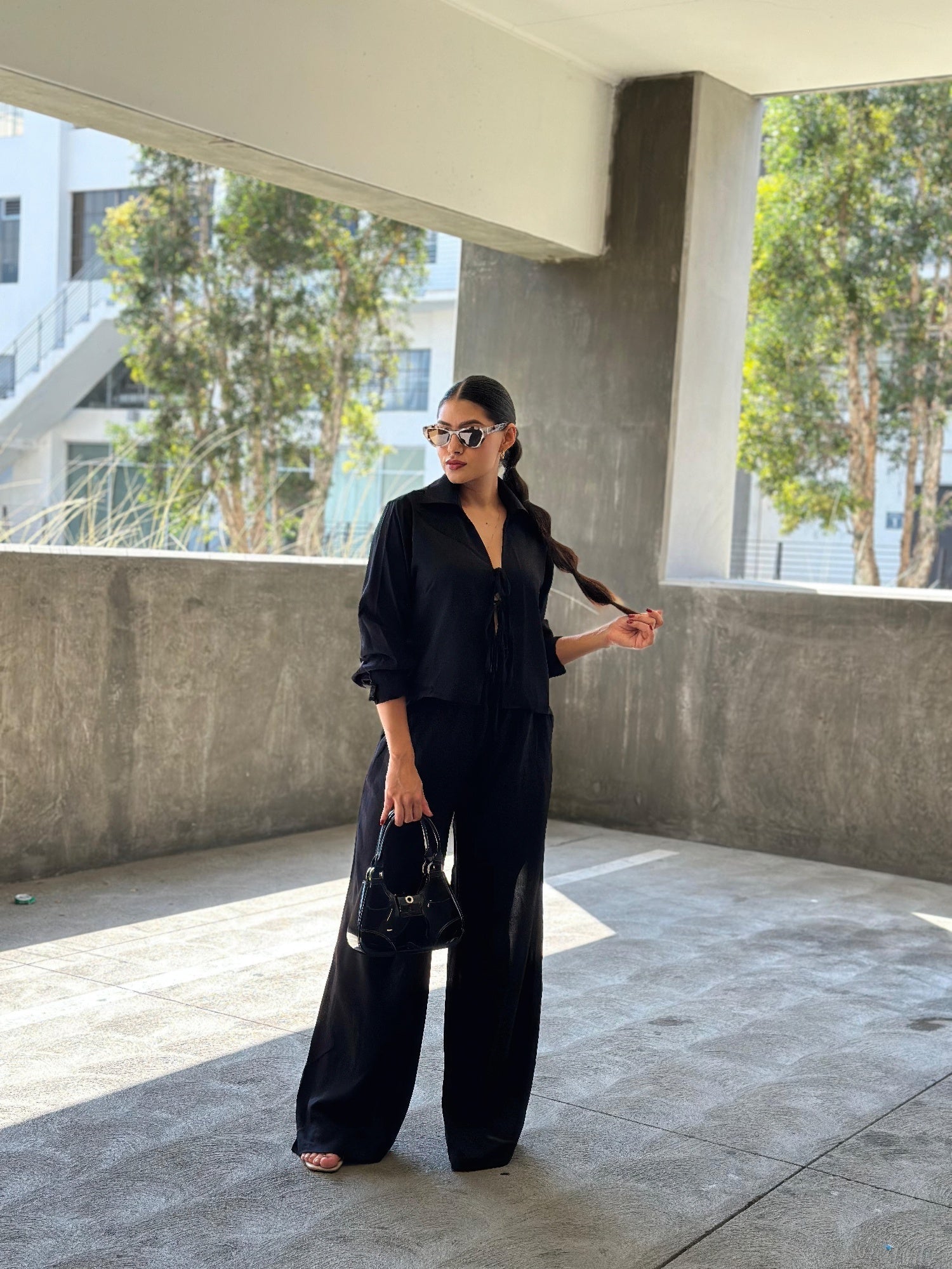 Casual Wide Leg Pants &amp; Long Sleeve Front Tie Set