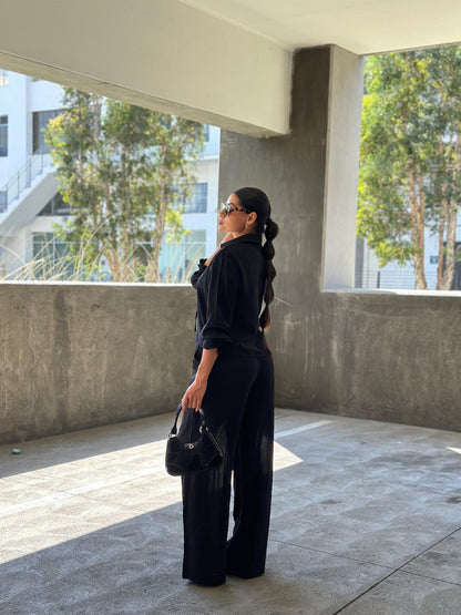 Casual Wide Leg Pants &amp; Long Sleeve Front Tie Set