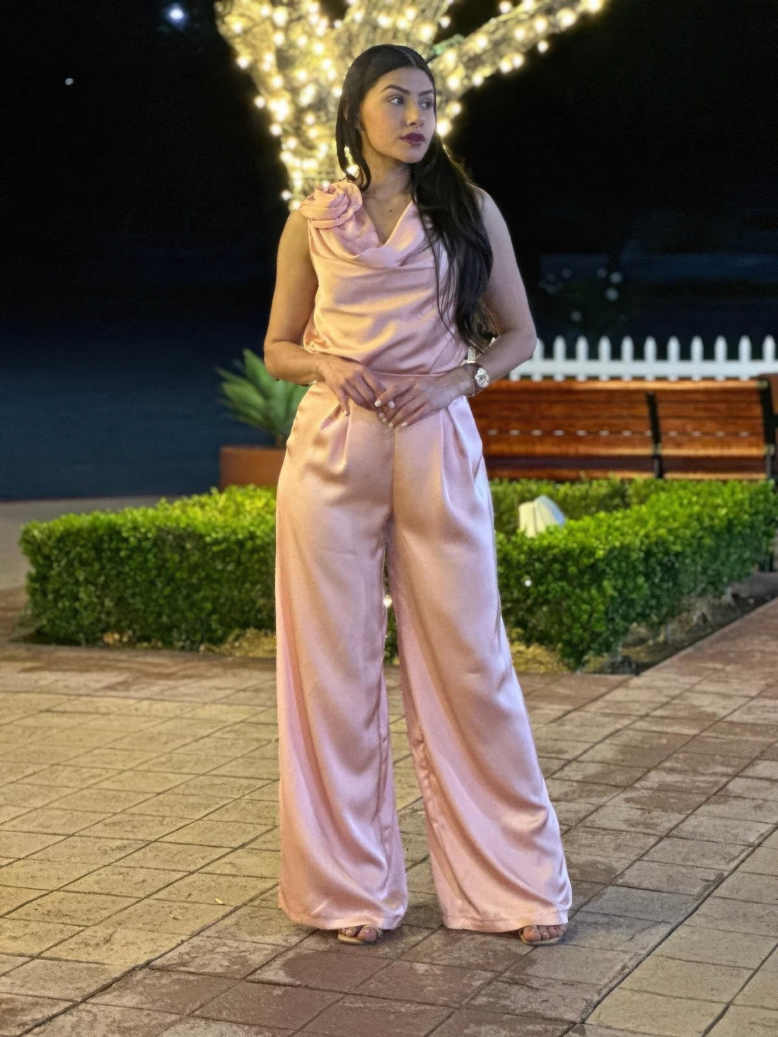 Satin Wide Leg Pants &amp; Flower Sleeveless Top Set