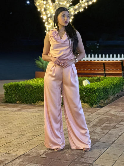 Satin Wide Leg Pants &amp; Flower Sleeveless Top Set