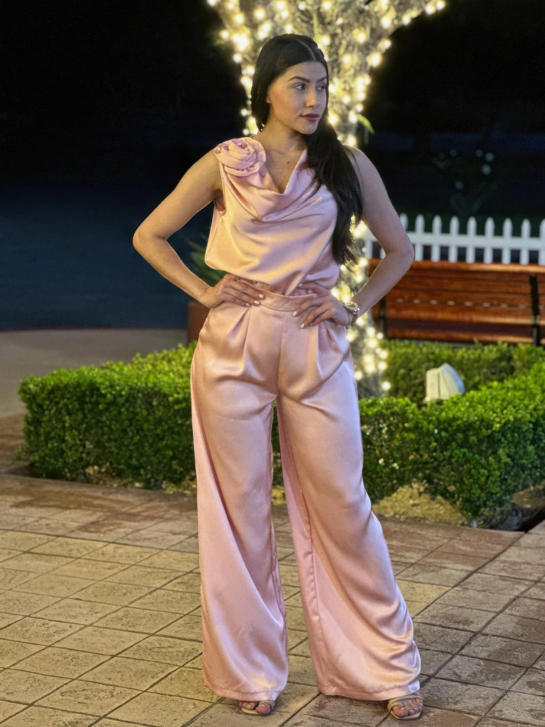Satin Wide Leg Pants &amp; Flower Sleeveless Top Set
