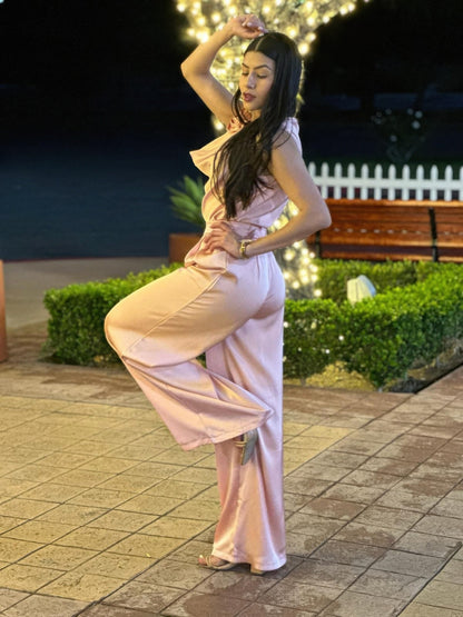 Satin Wide Leg Pants &amp; Flower Sleeveless Top Set