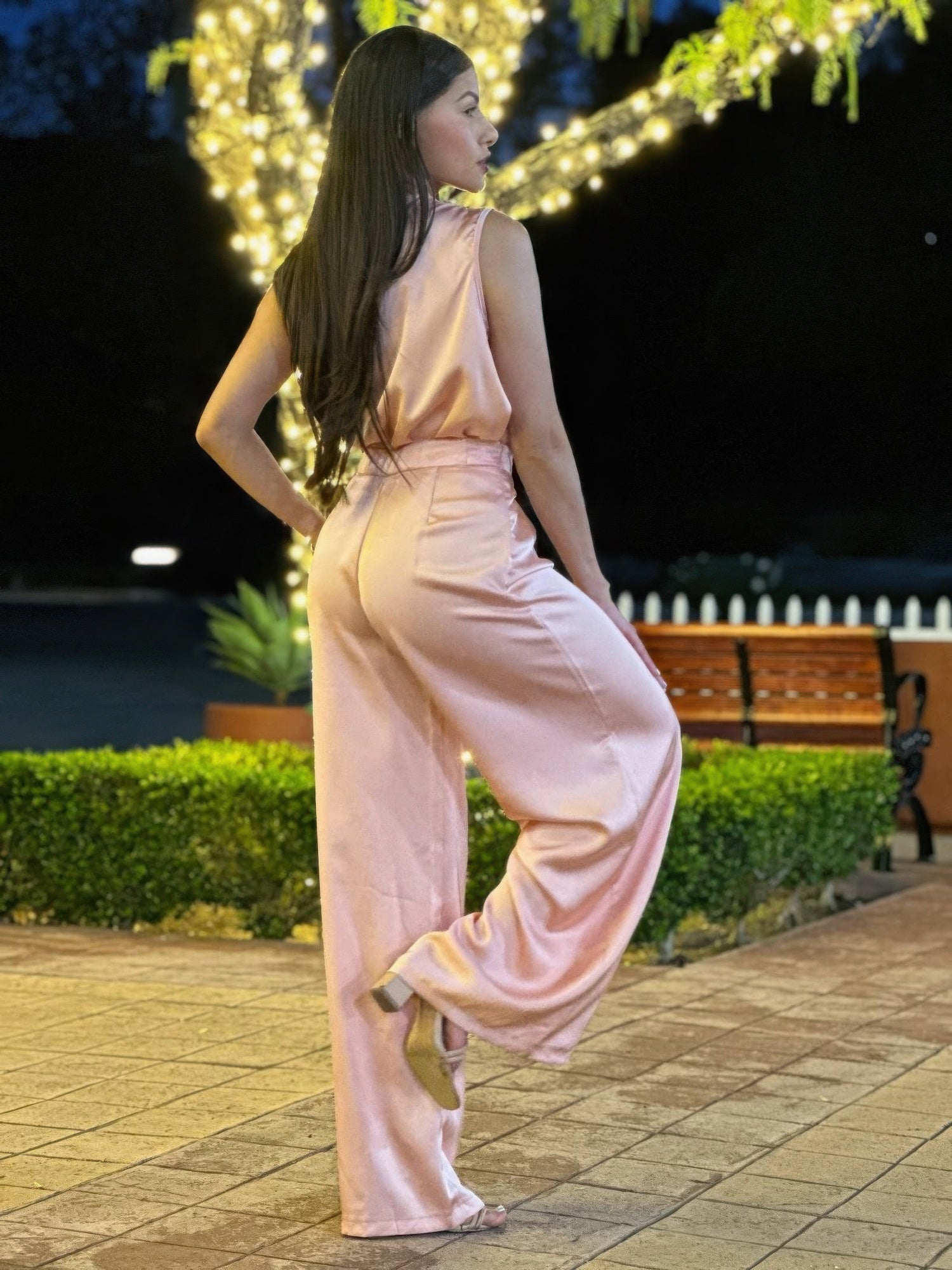 Satin Wide Leg Pants &amp; Flower Sleeveless Top Set