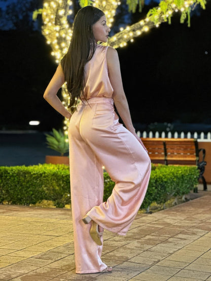 Satin Wide Leg Pants &amp; Flower Sleeveless Top Set