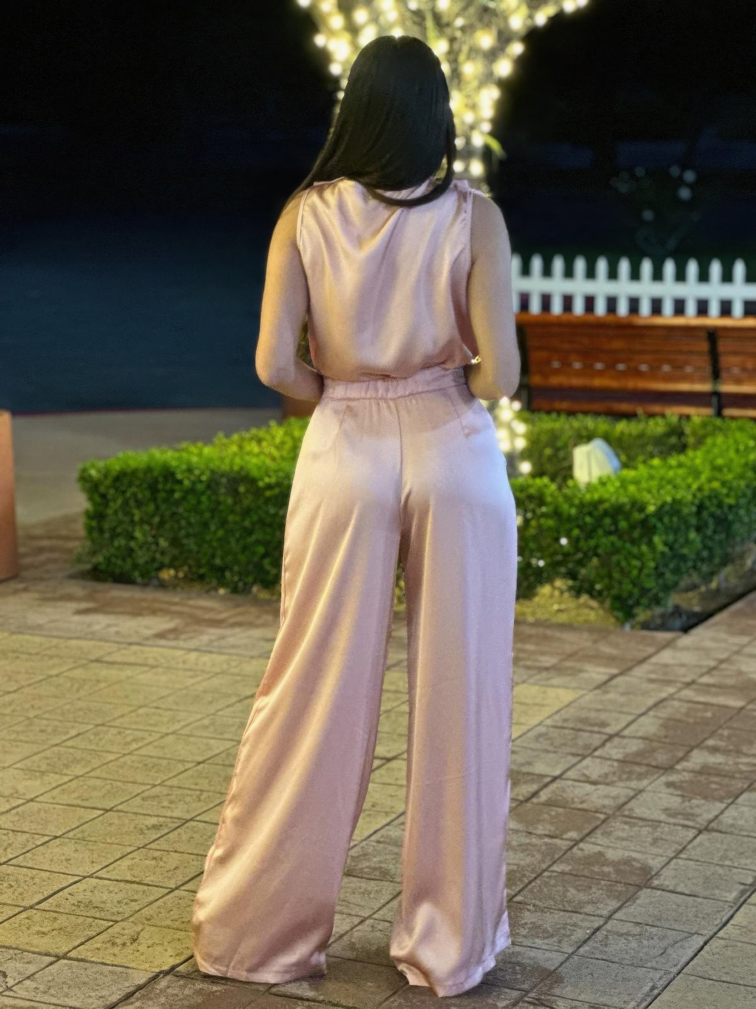 Satin Wide Leg Pants &amp; Flower Sleeveless Top Set