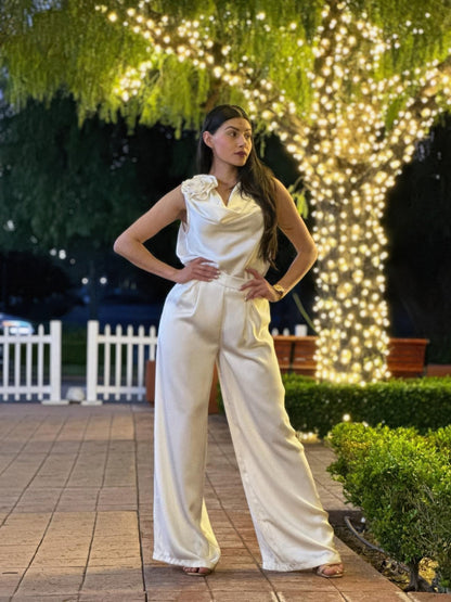 Satin Wide Leg Pants &amp; Flower Sleeveless Top Set