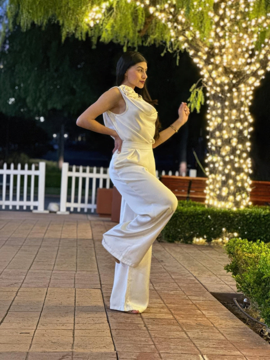 Satin Wide Leg Pants &amp; Flower Sleeveless Top Set