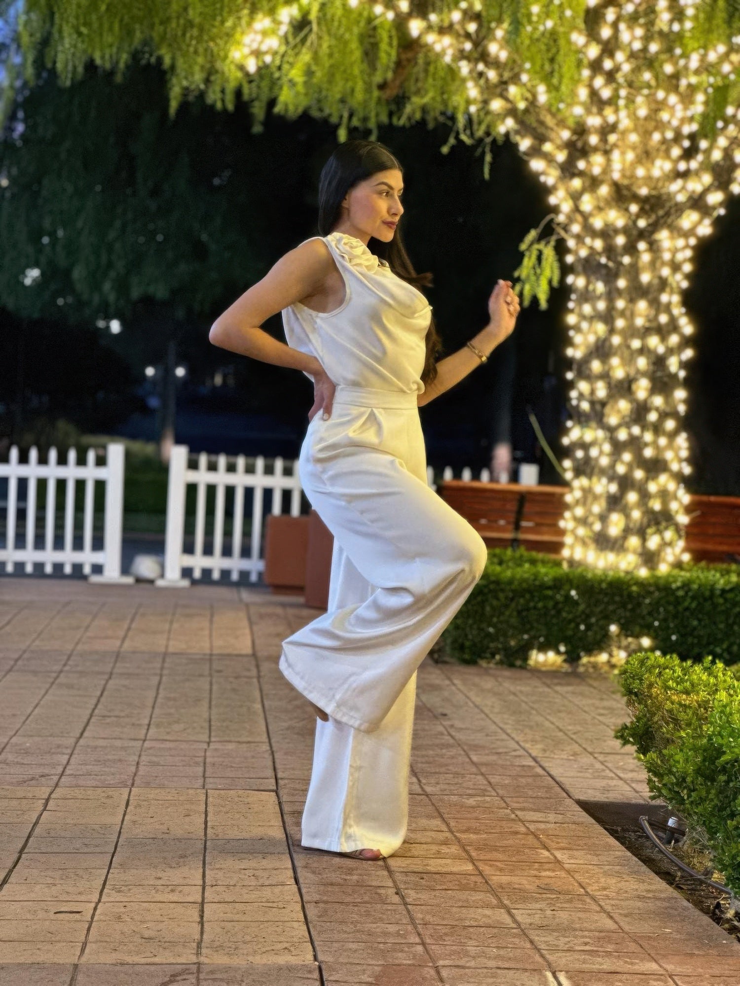 Satin Wide Leg Pants &amp; Flower Sleeveless Top Set