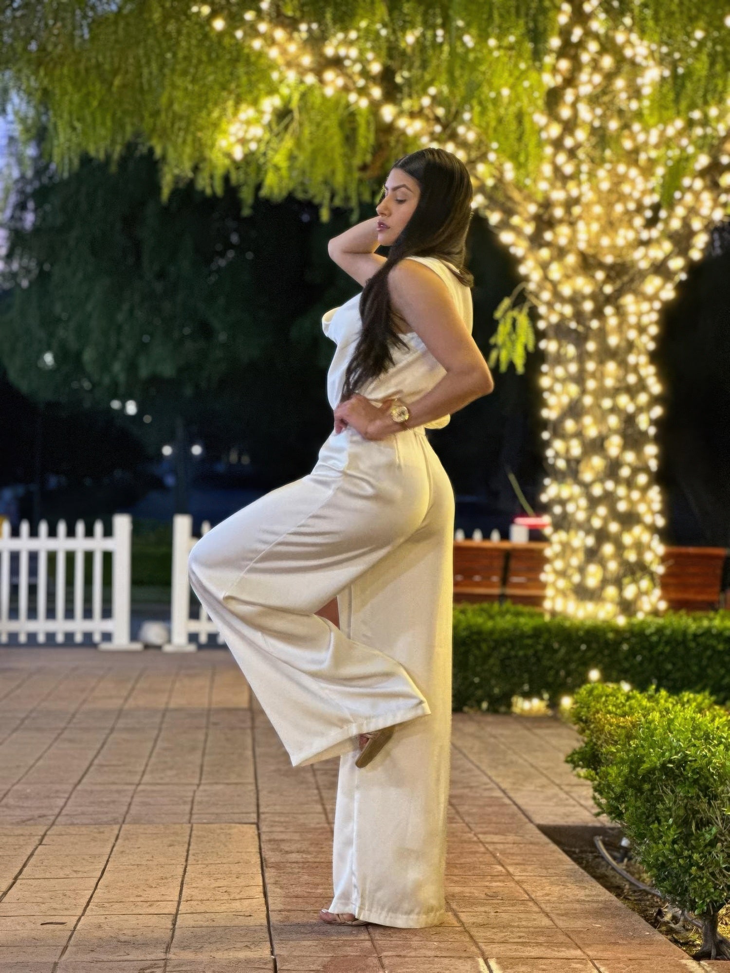 Satin Wide Leg Pants &amp; Flower Sleeveless Top Set