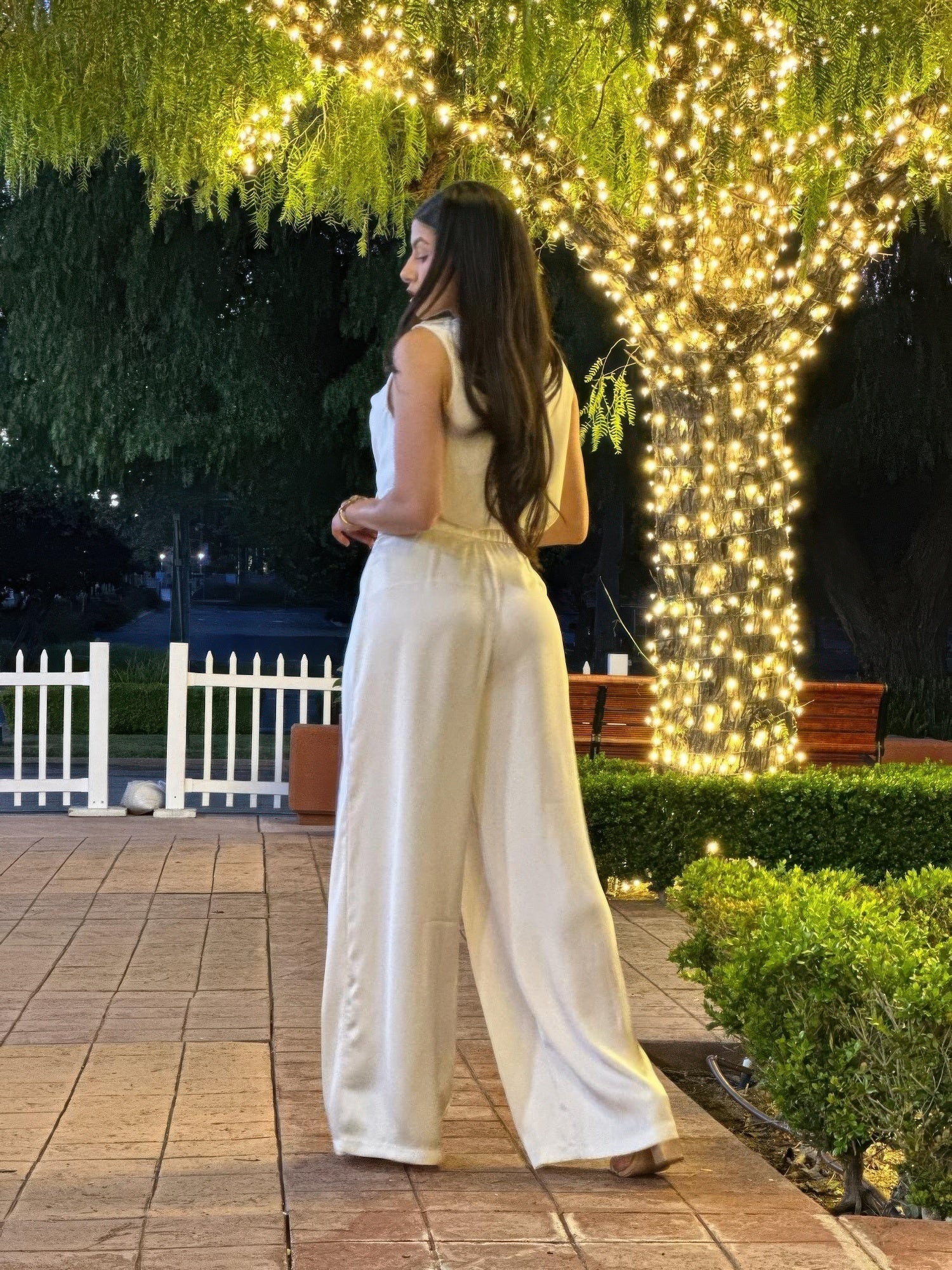 Satin Wide Leg Pants &amp; Flower Sleeveless Top Set
