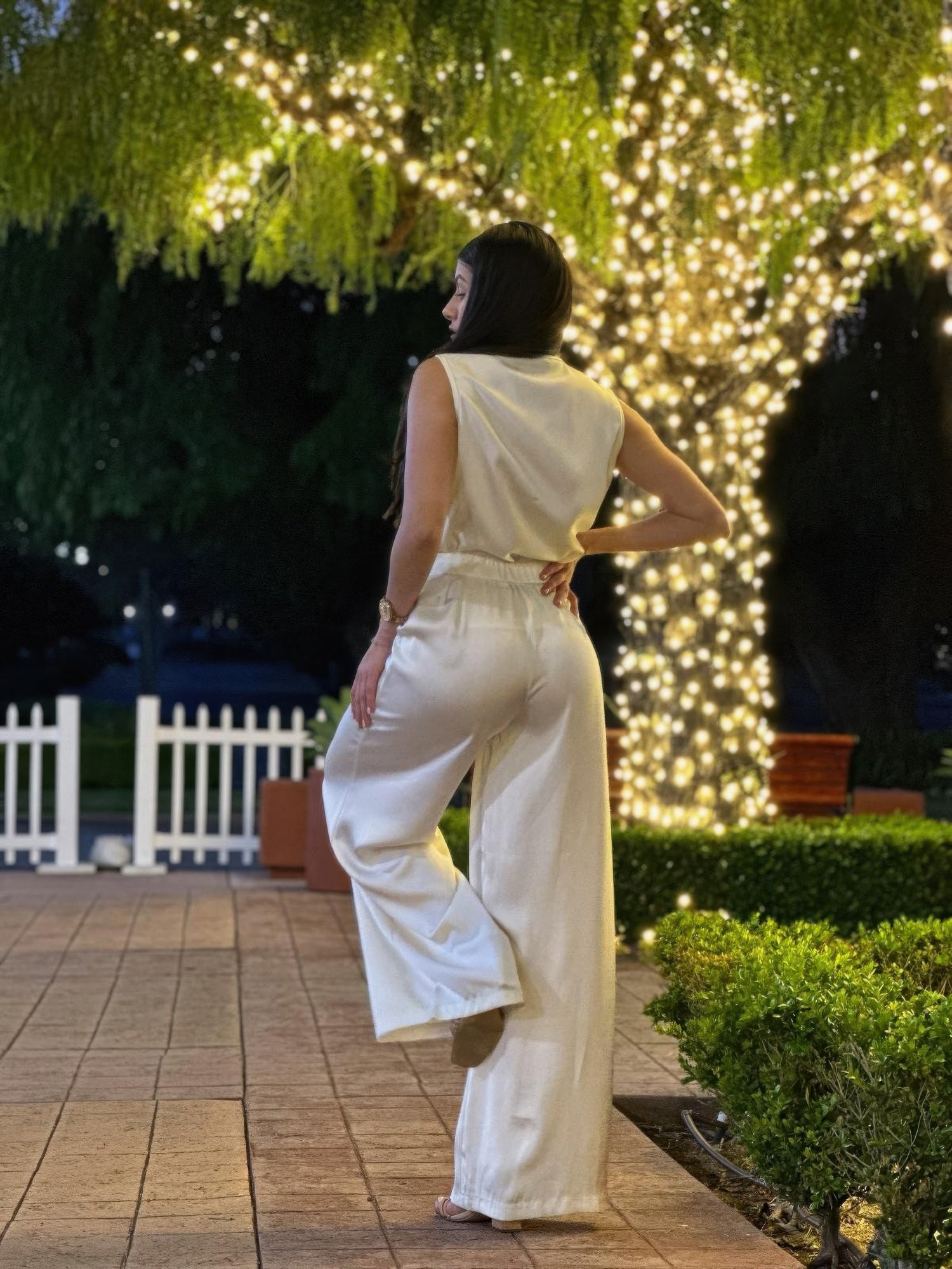 Satin Wide Leg Pants &amp; Flower Sleeveless Top Set