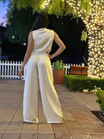 Satin Wide Leg Pants &amp; Flower Sleeveless Top Set