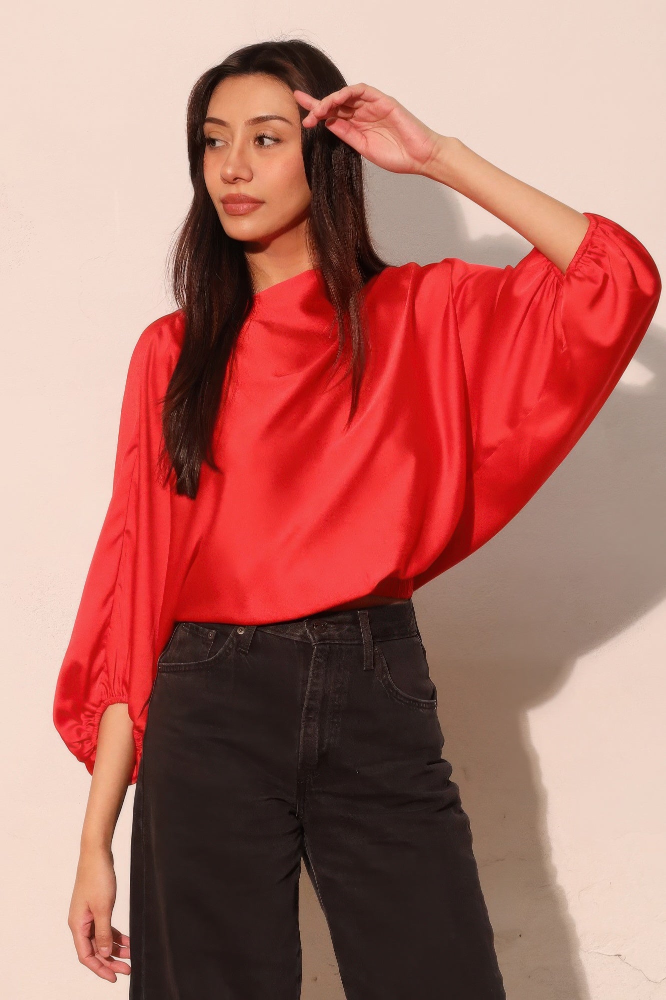 Silky Satin Boat Neck Blouson Top