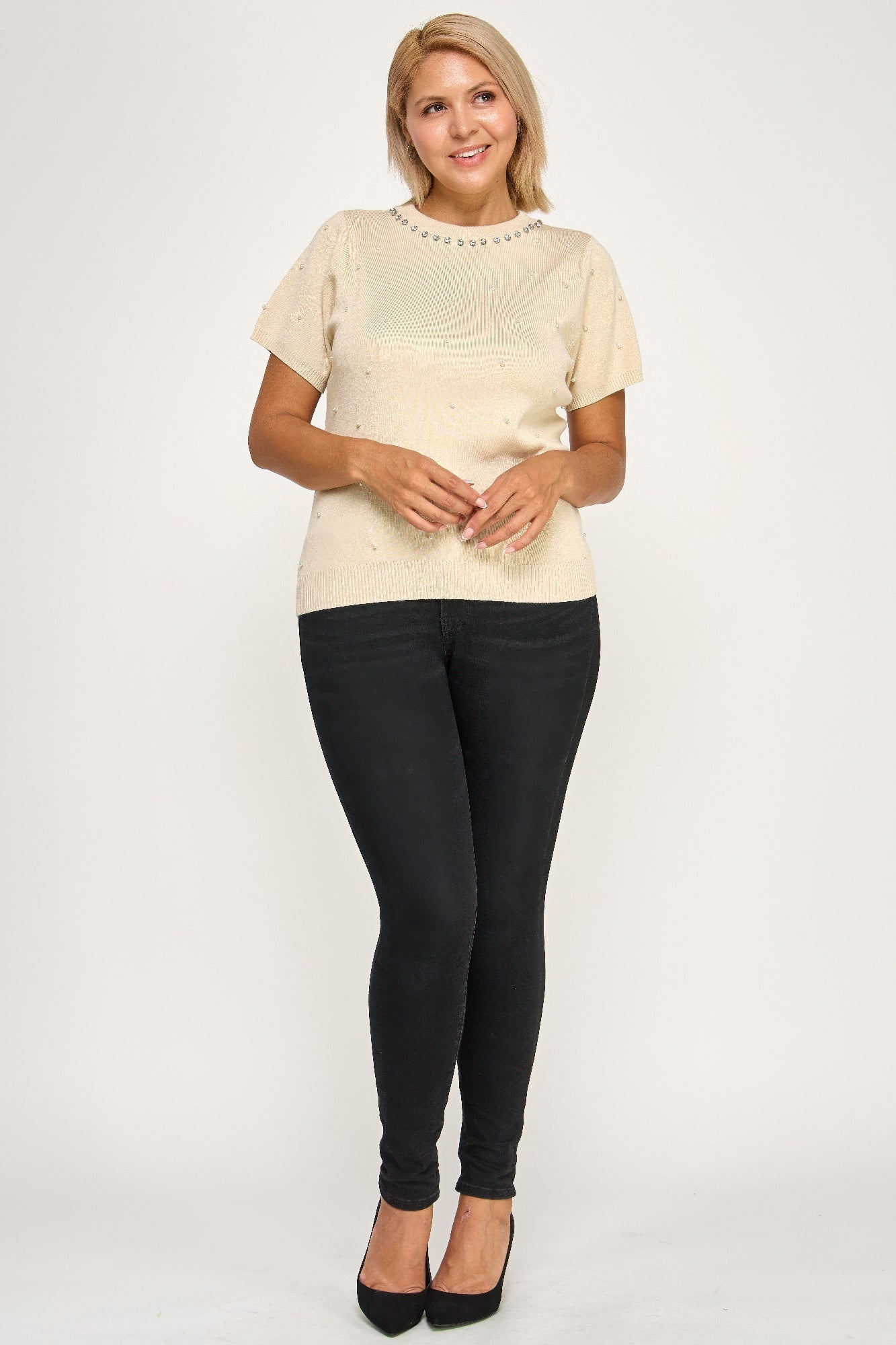Plus Size Pearl & Rhinestone Knit Sweater Top