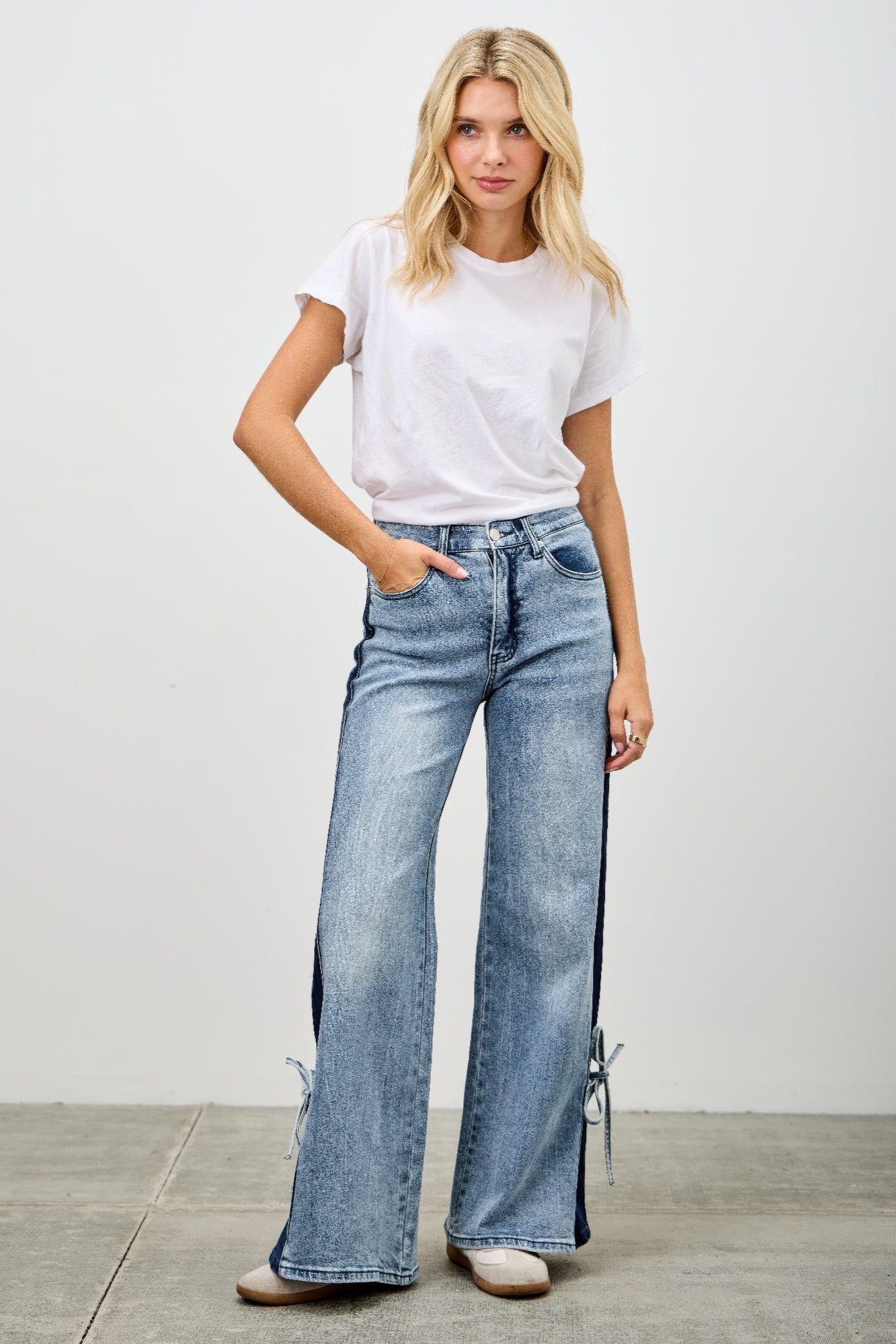 Mid Rise Contrast Wide Leg With Tie