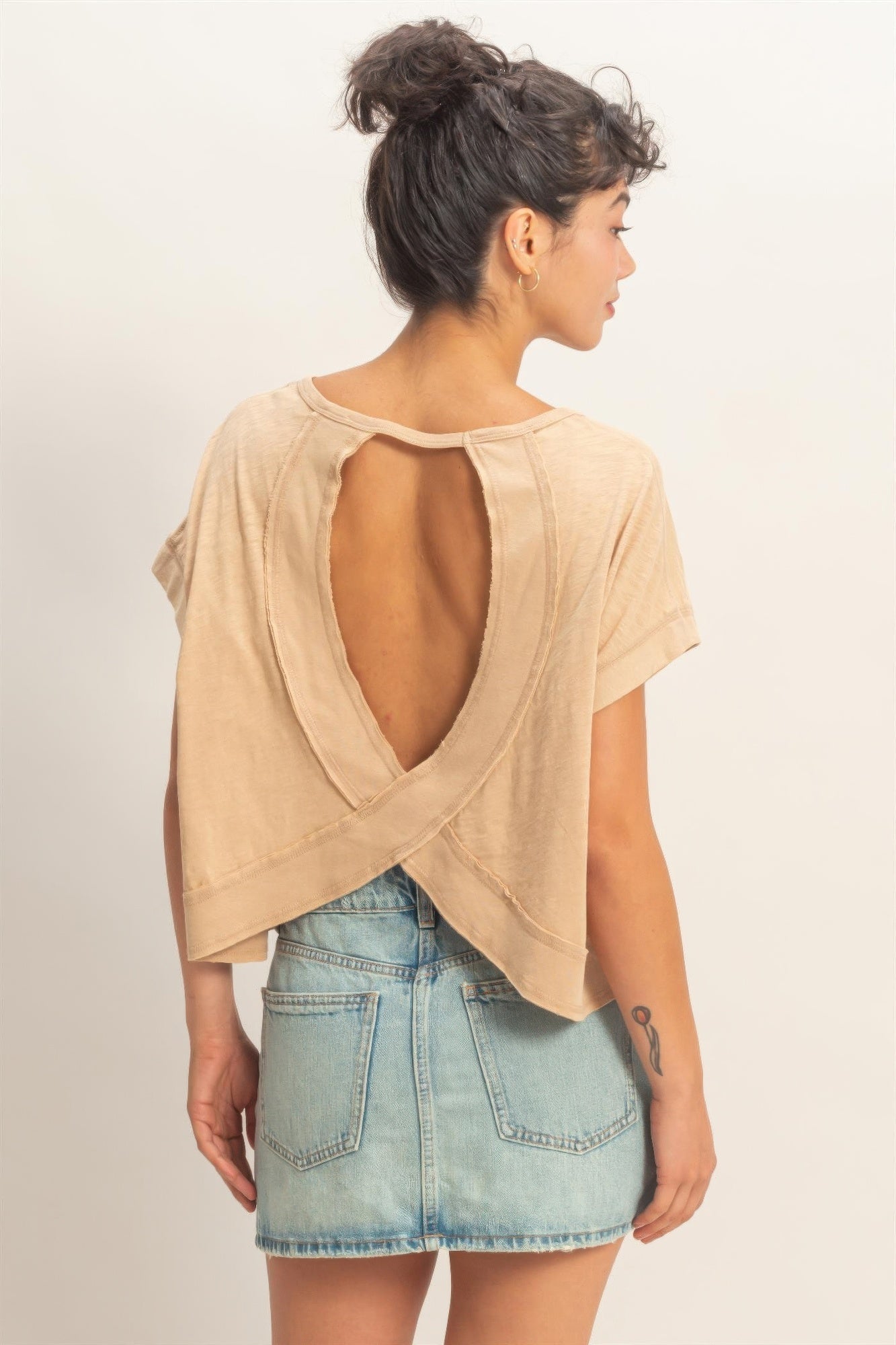 Acid Washed Cross Detail Open Back Top