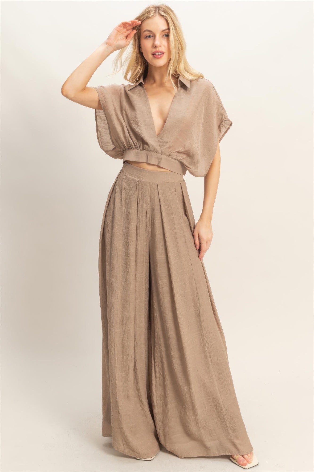Collared Wrap Top &amp; Wide-leg Pants Set
