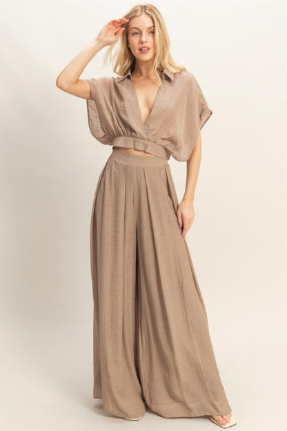 Collared Wrap Top &amp; Wide-leg Pants Set