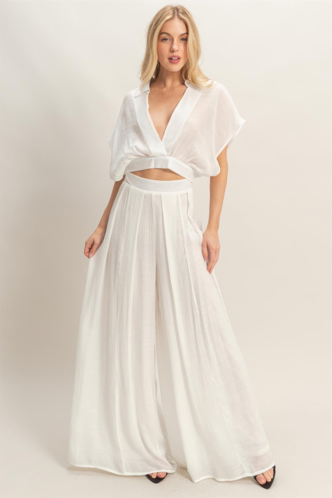 Collared Wrap Top &amp; Wide-leg Pants Set